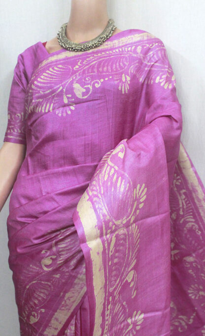 hand batik tussar saree, baby-pink tussar saree, pink batik saree