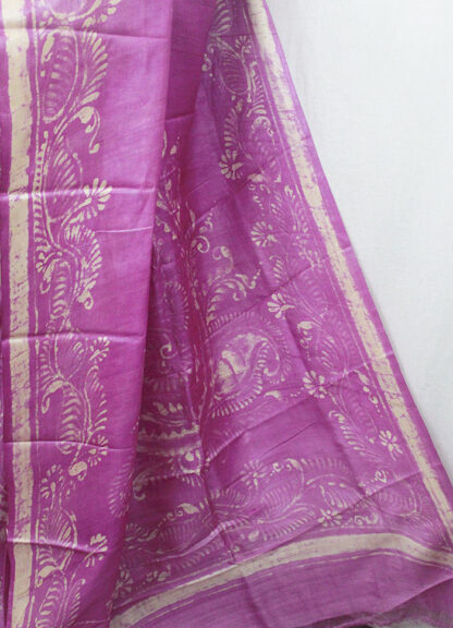 hand batik tussar saree, baby-pink tussar saree, pink batik saree