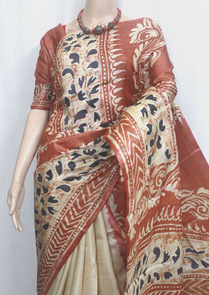 rust-orange tussar saree, hand batik tussar saree