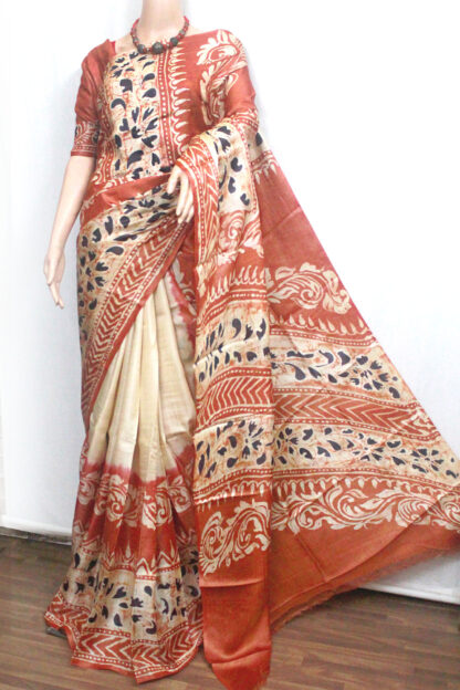 hand batik tussar saree, orange tussar saree