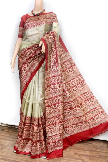 ivory red hand block pure silk saree
