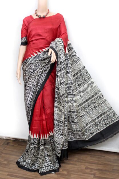 red pure silk saree, hand block printed silk saree