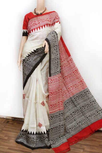 hand-block printed red and white pure silk saree