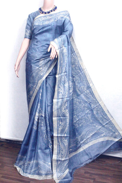 hand batik tussar saree, blue tussar saree, blue batik saree