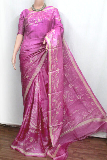 hand batik tussar saree, baby-pink tussar saree, pink batik saree