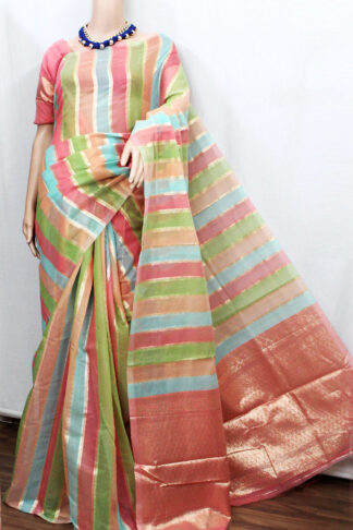 Striped Zari Silk Cotton Banarasi Saree, fancy saree, designer saree, off white color saree, benaras handloom