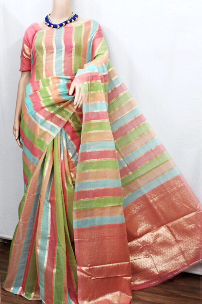Striped Zari Silk Cotton Banarasi Saree, fancy saree, designer saree, off white color saree, benaras handloom