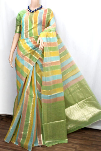 Striped Zari Silk Cotton Banarasi Saree, fancy saree, designer saree, off white color saree, benaras handloom