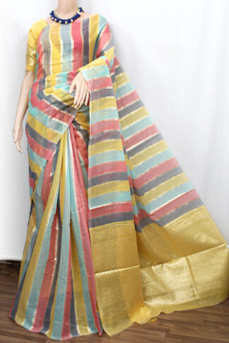 Striped Zari Silk Cotton Banarasi Saree, fancy saree, designer saree, off white color saree, benaras handloom