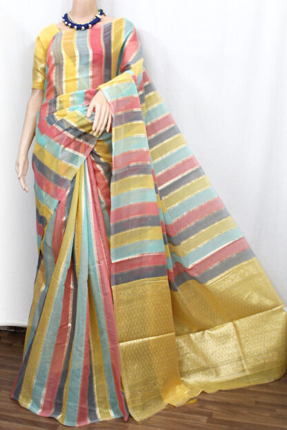 Striped Zari Silk Cotton Banarasi Saree, fancy saree, designer saree, off white color saree, benaras handloom