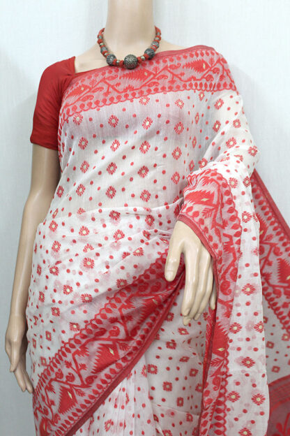 White Red Soft Dhakai Jamdani Saree(TD0715) - Image 2
