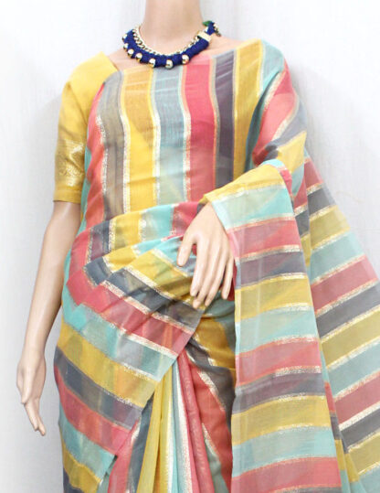 Striped Zari Silk Cotton Banarasi Saree, fancy saree, designer saree, off white color saree, benaras handloom