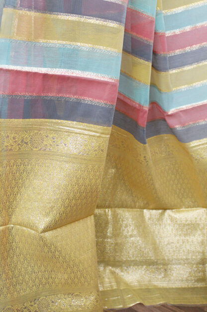 Striped Zari Silk Cotton Banarasi Saree, fancy saree, designer saree, off white color saree, benaras handloom