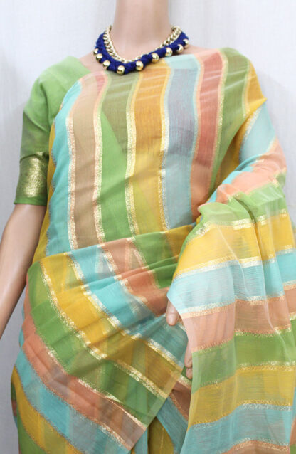 Striped Zari Silk Cotton Banarasi Saree, fancy saree, designer saree, off white color saree, benaras handloom
