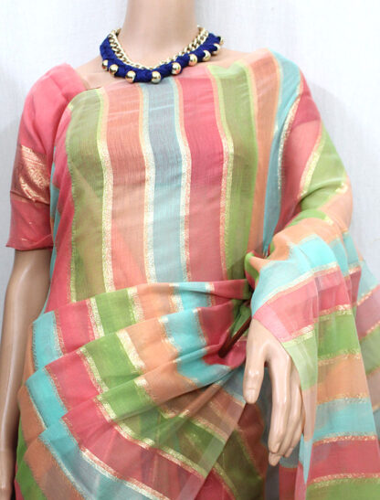 Striped Zari Silk Cotton Banarasi Saree, Benaras handloom saree