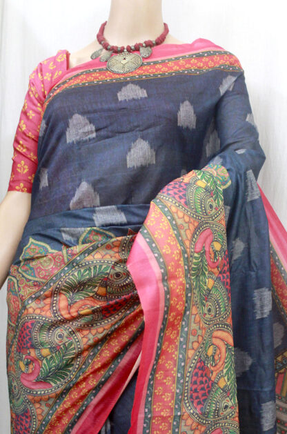 Blue Madhubani Printed Silk Cotton Saree (TH0404) - Image 2