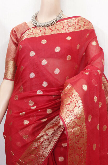Coral Red Banaras Handloom Saree (TH0406) - Image 3