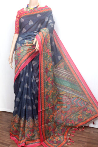 Blue Madhubani Printed Silk Cotton Saree, silk cotton saree, soft saree, madhubani printed saree, nevy blue pink saree, handloom saree