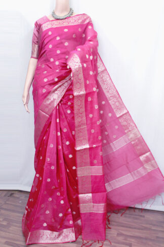 Silk Cotton Banarasi Saree, fancy saree, designer saree, stripe benaras handloom saree, blue benaras handloom, Coral Pink Banaras Handloom Saree