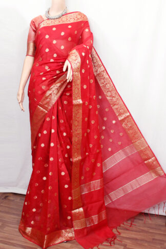 Silk Cotton Banarasi Saree, fancy saree, designer saree, stripe benaras handloom saree, blue benaras handloom, Coral Red Banaras Handloom Saree