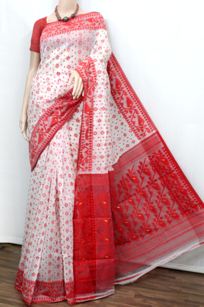 White Red Soft Dhakai Jamdani Saree(TD0715)