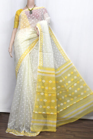 off-white with self polka dots buttas all over the body soft jamdani saree
