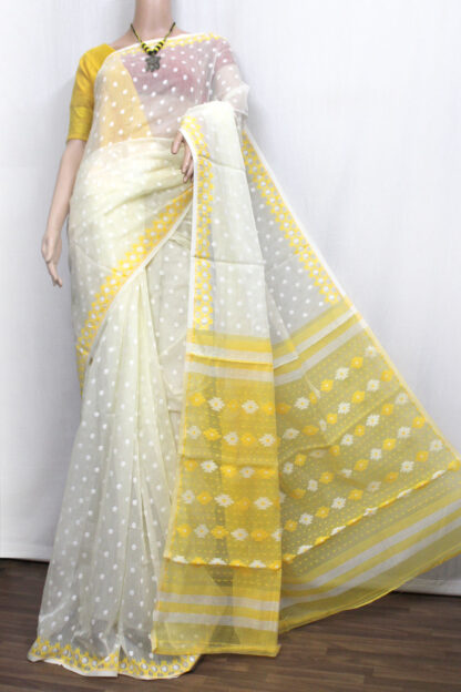 off-white with self polka dots buttas all over the body soft jamdani saree