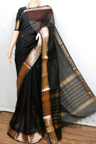 black Banarasi cotton Saree, baranasi black handloom saree, copper zari black saree