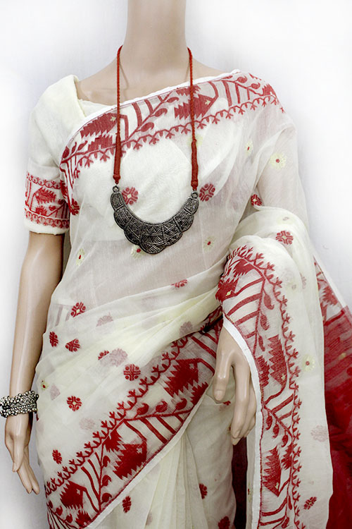 red and white soft Jamdani saree,red and white saree