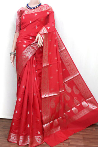 coral-red banarasi saree, red baranasi saree