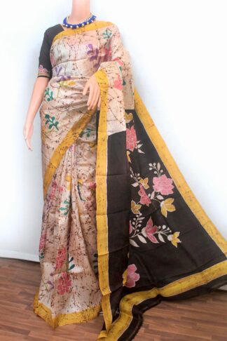cream crack hand batik pure silk saree
