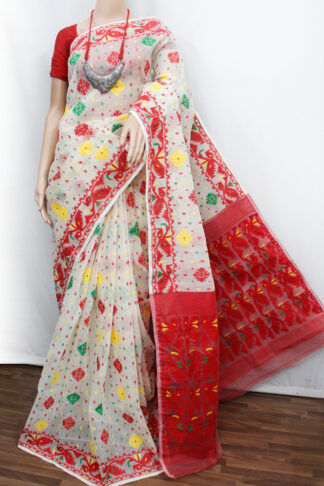 red-white Jamdani saree, off-white red jamdani saree