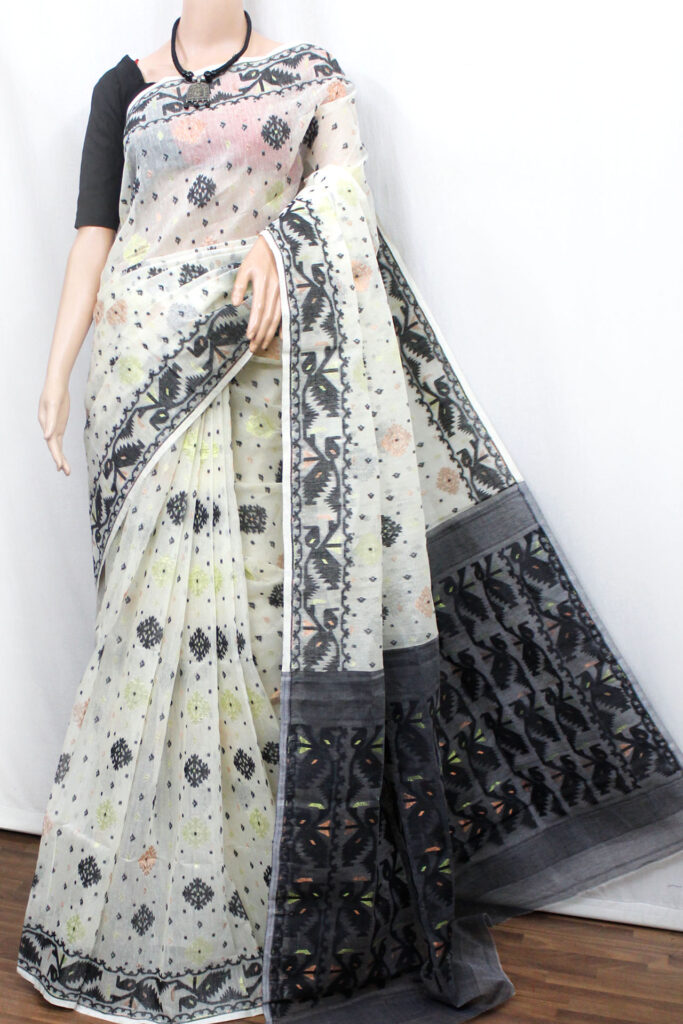 White Jamdani Saree with Floral Butis main image 0