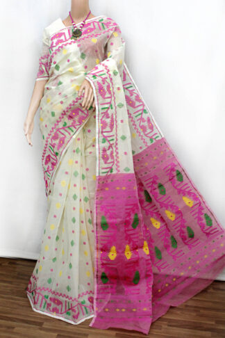 Pink-Off-White Jamdani Saree