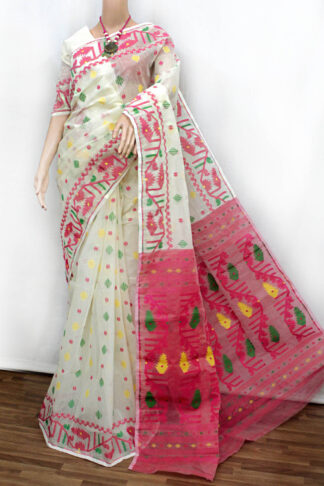 red-Off-White Jamdani Saree, dhakai jamdani saree