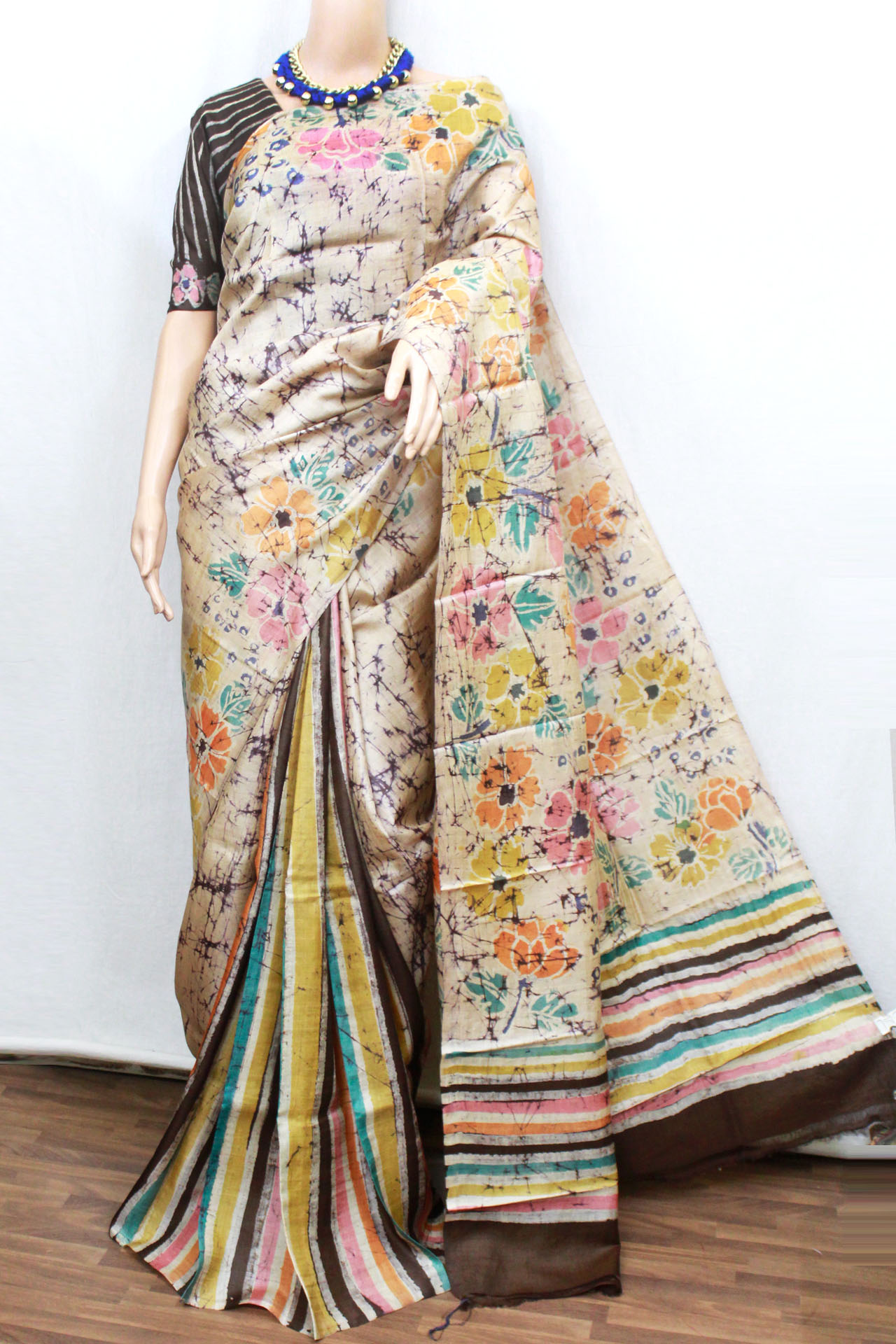 Flower Hand Batik Desi Tussar Silk Saree (TS0525)