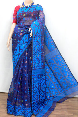 Navy Blue Jamdani Saree with Kantha work Blouse Piece