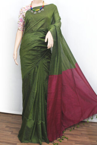 Bottle green body with dark pink pallu adds a bold contras. Its overall appeal. Light, breathable, and easy to drape, this saree is perfect for any season.