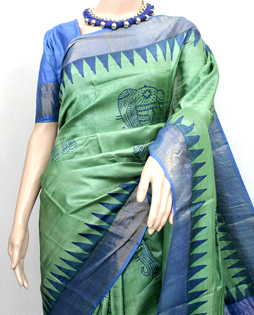 Green & Royal Blue Tussar Silk Saree with Zari Border (TS0529) - Image 2
