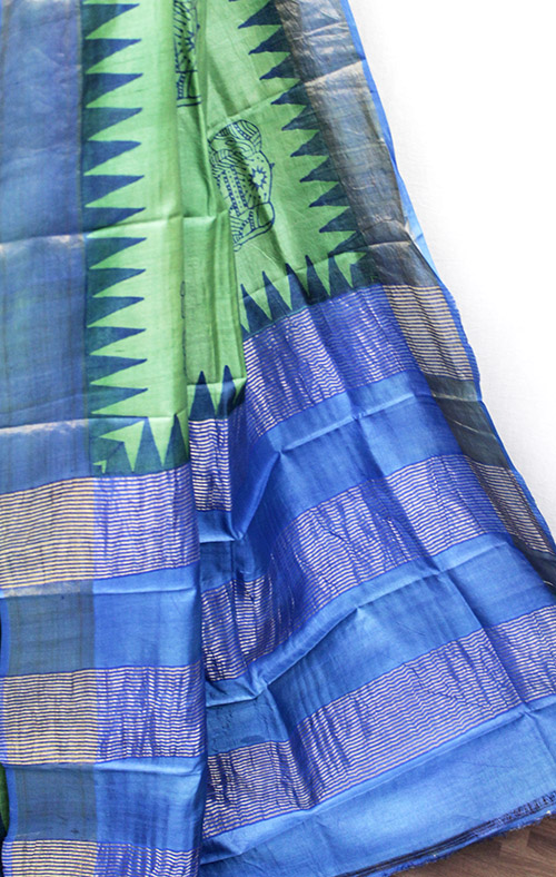 Green & Royal Blue Tussar Silk Saree with Zari Border (TS0529) - Image 3
