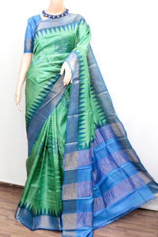 Green & Royal Blue Tussar Silk Saree with Zari Border (TS0529)
