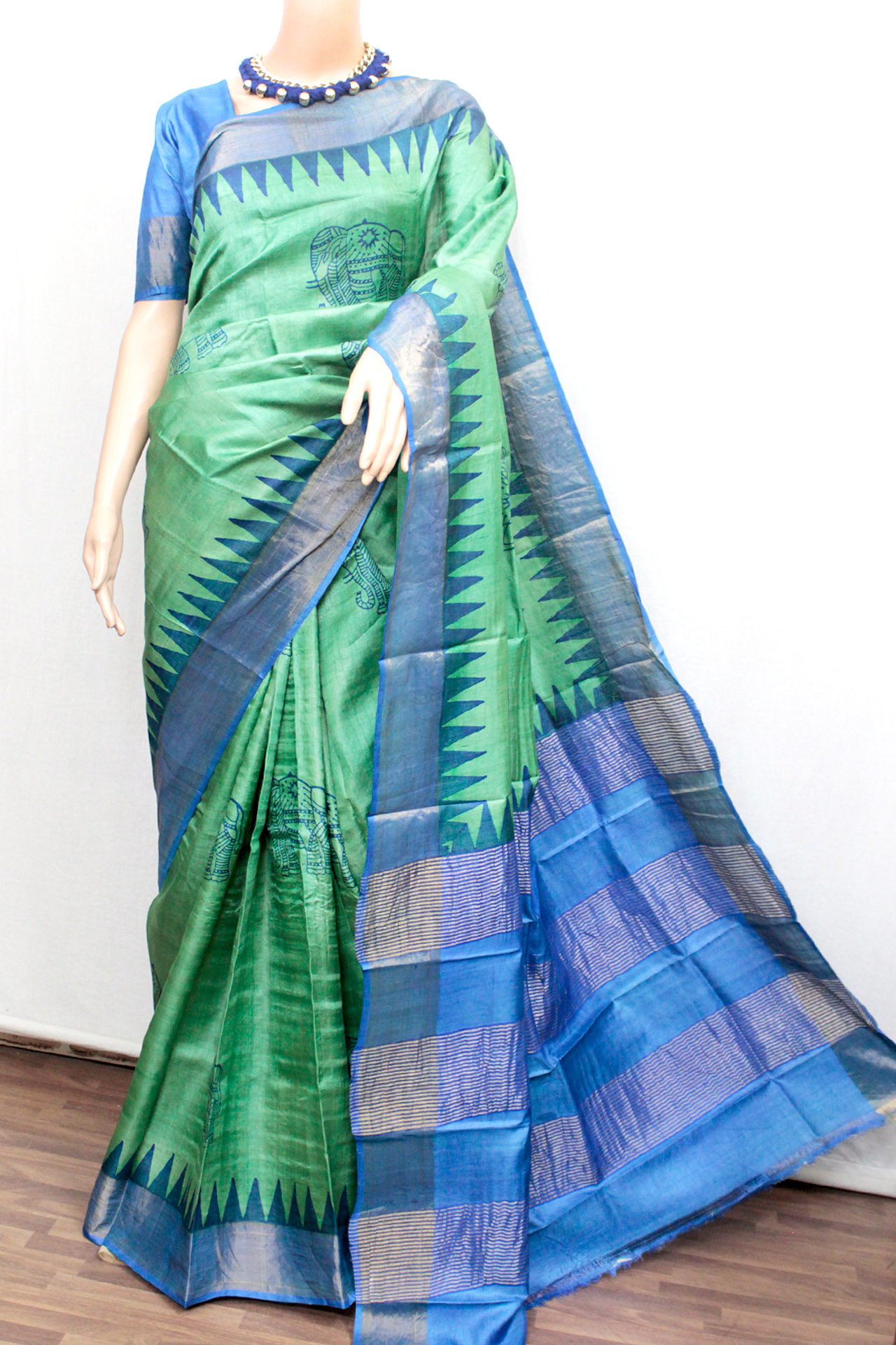 Green & Royal Blue Tussar Silk Saree with Zari Border (TS0529)
