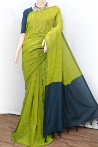Mehendi Green and Navy Blue Cotton Saree with Contrast Blouse Piece