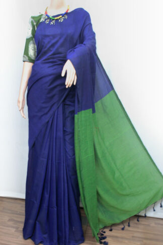Royal Blue with Green Cotton Saree with Contrast Ready Blouse