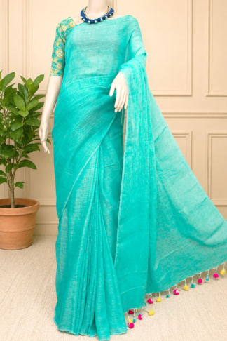 Sea Green Linen Saree with Contrast Printed Blouse Piece (TL0349)