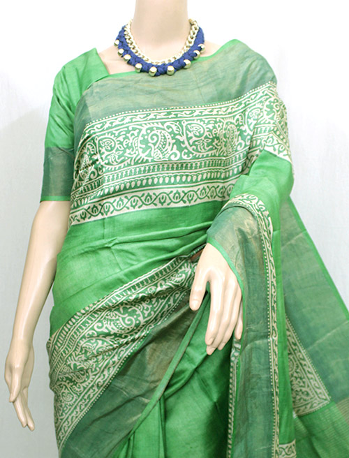 Green Hand Block Printed Tussar Silk Saree with Zari Border