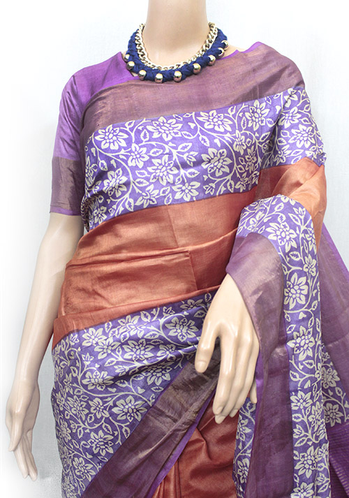 Orange & Violet Hand Block Printed Zari Border Tussar Silk Saree