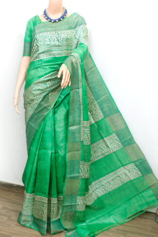Green Hand Block Printed Tussar Silk Saree with Zari Border