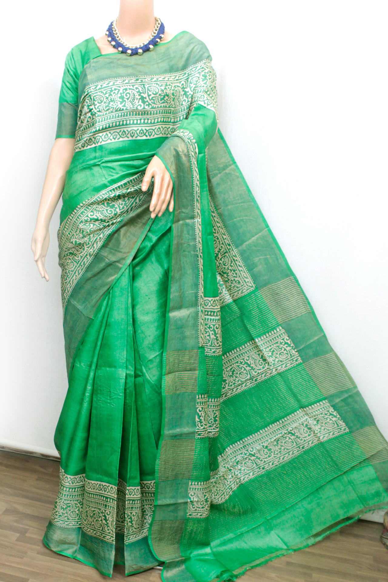 Green Hand Block Printed Tussar Silk Saree with Zari Border (TS0528)