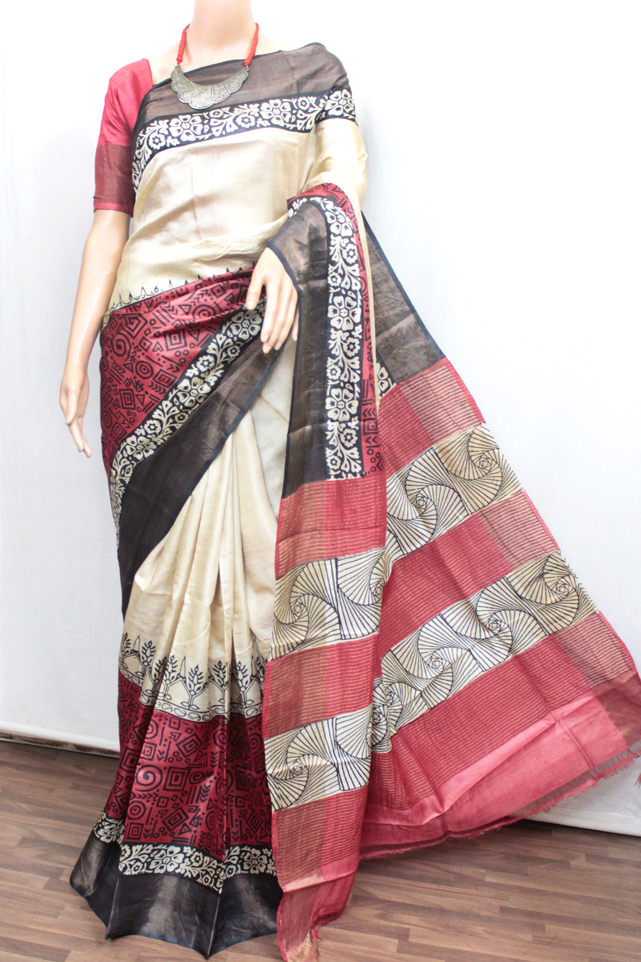 Block Printed Off-White Tussar Silk (TS0527)